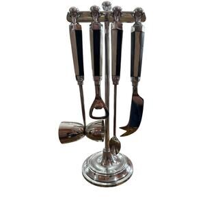 Vintage 1980s Black and White Chrome Bar Tool Set with Stand – Made in India